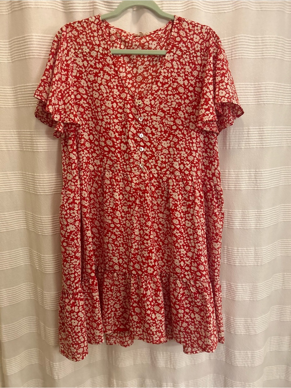 JODIFL Red Floral Button-Front Dress with Flutter Sleeves